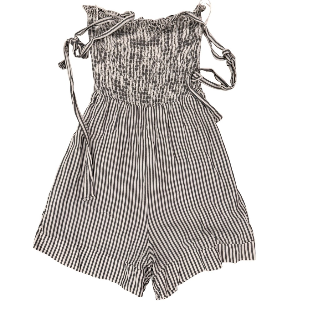 Altar'd State Grey White Striped Smocked Tie Strap Romper Small Boho Summer